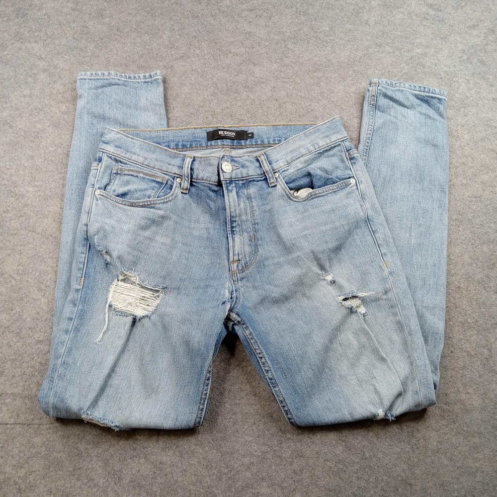 Hudson Jeans Mens 33x32 Light‎ Wash Distressed Slim Taper Stretch Denim Pants
